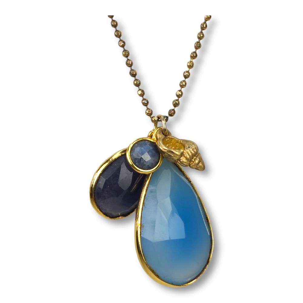 Sterling Silver 925 Gold Vermeil Faceted Blue Gemstone Pendant Seashell Necklace